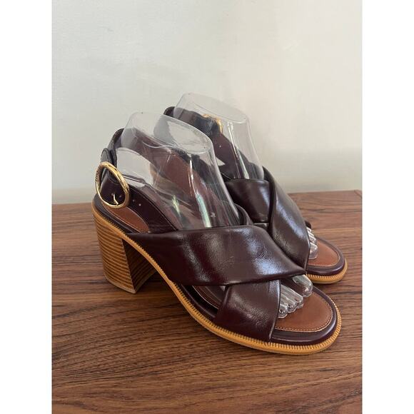 See By Chloe NWOB EU38/US7 Leather Chunky Heel Lyna Slingback Sandal Burgundy - Picture 5 of 10